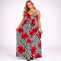 Woman wearing a zebra print dress with red flowers on a white background