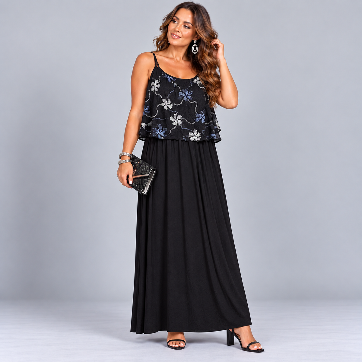 Black Strappy Maxi Dress with Silver Embroidered Overlay Top
