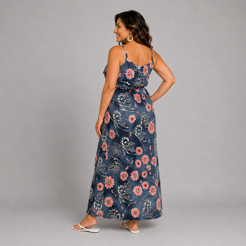 Blue Pink Floral V Frilled Top Maxi Dress
