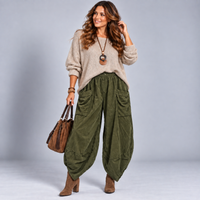 Fine Cord Balloon Leg Elastic Waist Jeans / Trousers