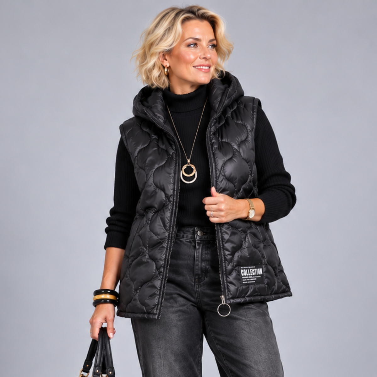 Black Quilted Gilet with Hood