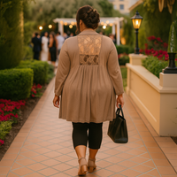 Long Length Open Front Cardigan with Lace Panel