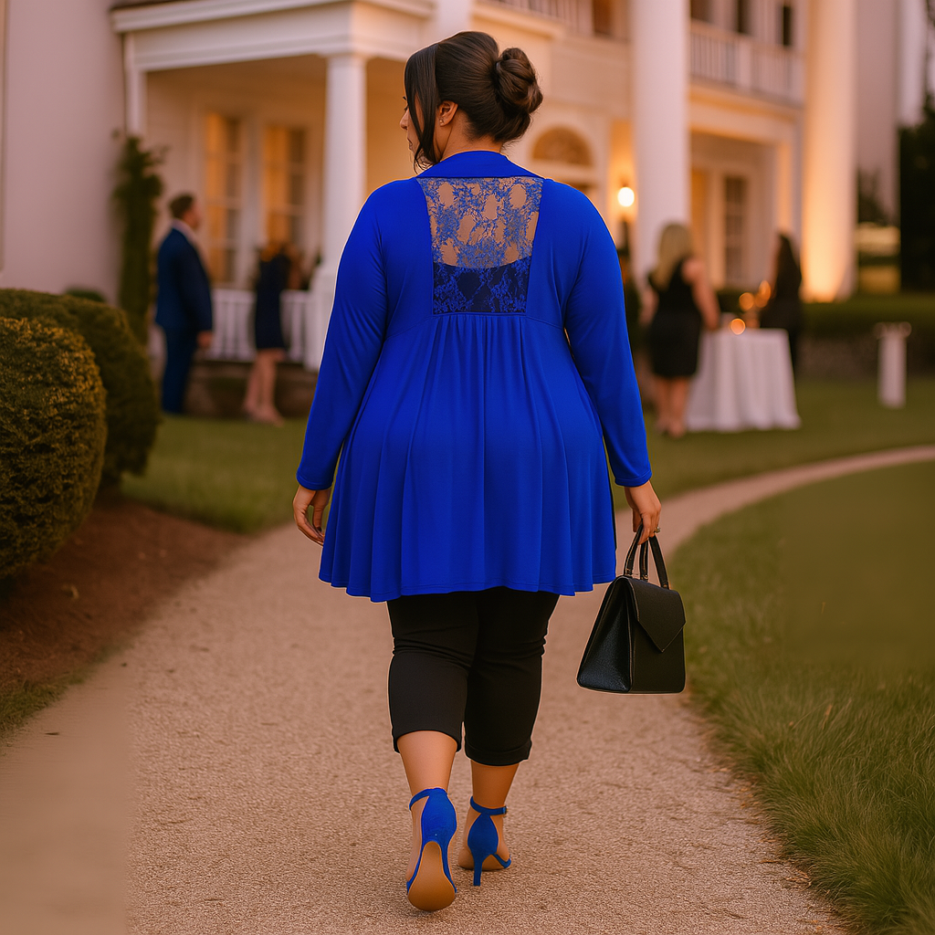 Long Length Open Front Cardigan with Lace Panel