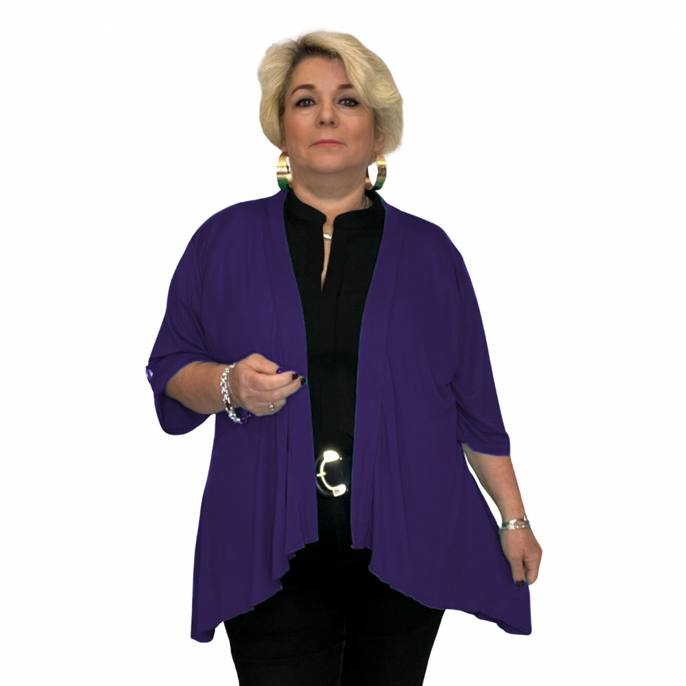 ROCKTHOSECURVES DIPPED HEM OPEN FRONT CARDIGAN / JACKET WITH BUTTON SLEEVESPurple / UK 14