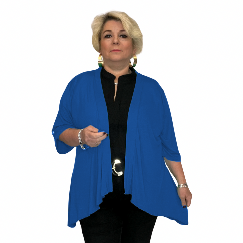 ROCKTHOSECURVES DIPPED HEM OPEN FRONT CARDIGAN / JACKET WITH BUTTON SLEEVESBlue / UK 14