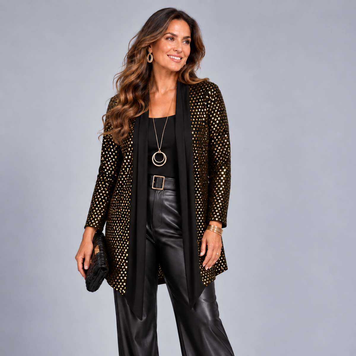 Sequin Foil Covered Longer Length Waterfall Jacket