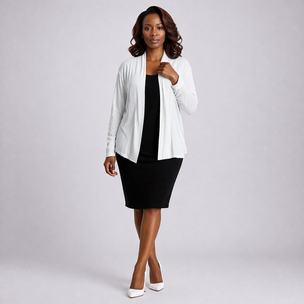 Woman wearing a white cardigan over a black dress on a gray background