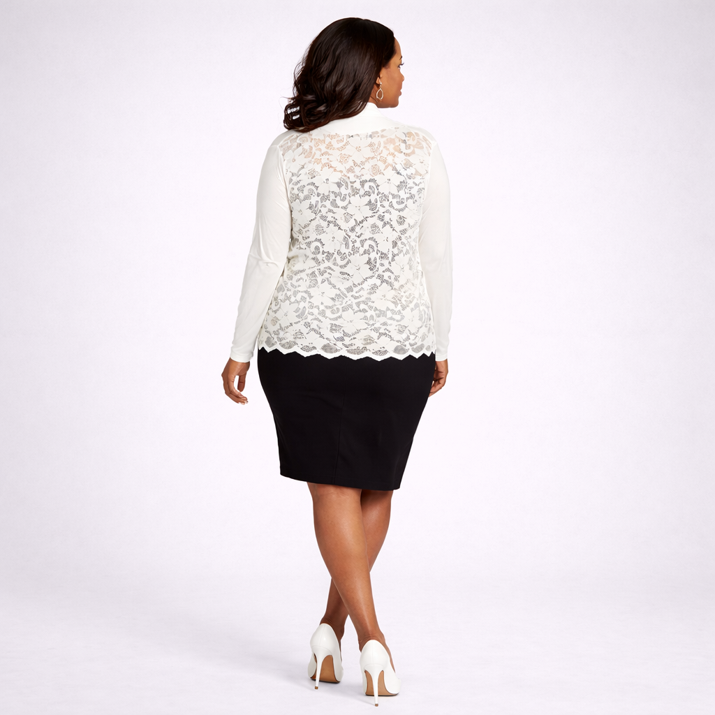 Woman wearing a white lace top and black skirt on a white background