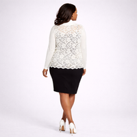 Woman wearing a white lace top and black skirt on a white background