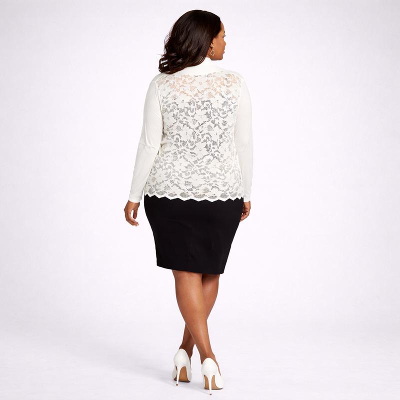 Woman wearing a white lace top and black skirt on a white background
