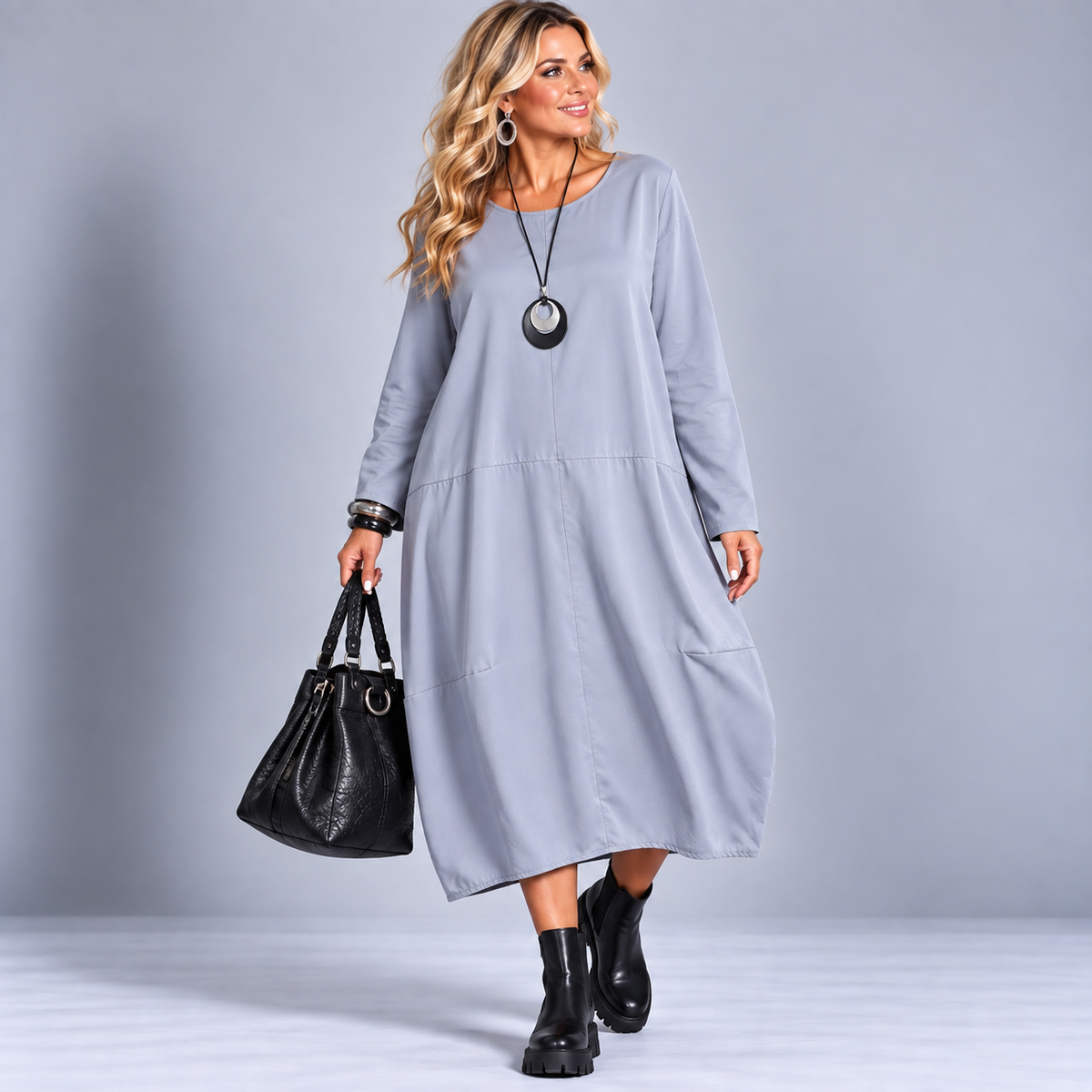Panel Stitched Long Sleeve Pocket Midi Dress