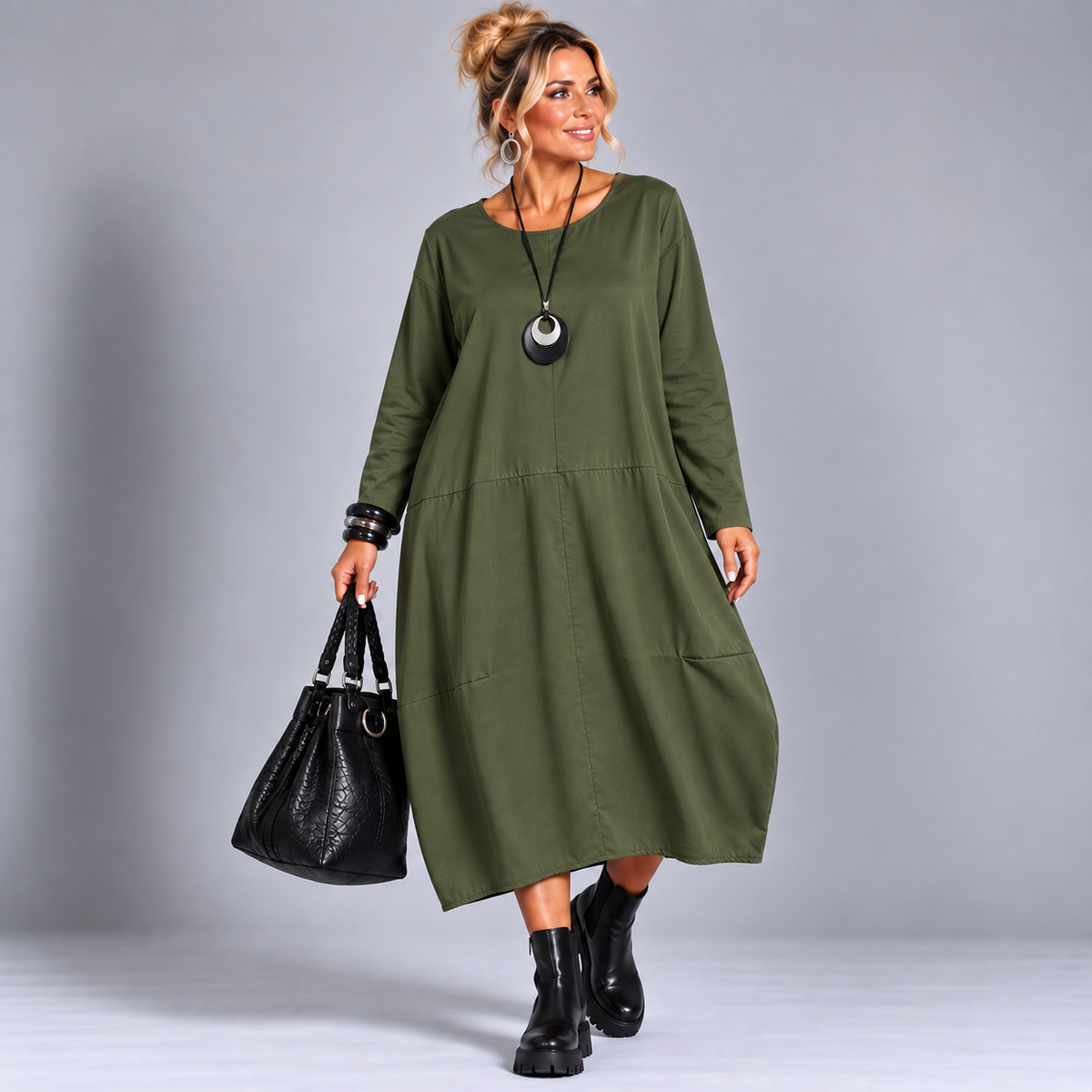 Panel Stitched Long Sleeve Pocket Midi Dress