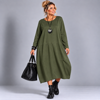 Panel Stitched Long Sleeve Pocket Midi Dress
