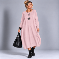 Panel Stitched Long Sleeve Pocket Midi Dress