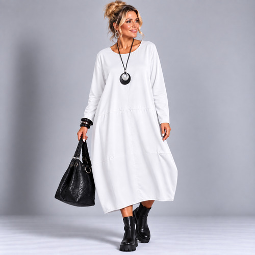Panel Stitched Long Sleeve Pocket Midi Dress