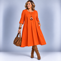 Triple Pleat Long Sleeve Pocket Midi Dress