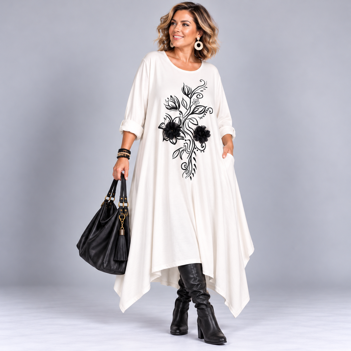 Heavy Cotton Maxi Dress with Feature Pockets & 3D Flowers