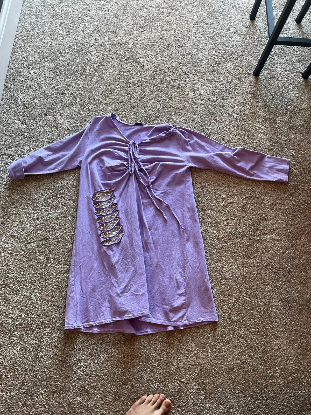 knee length dress with ruffle and bow, rip + sequin patch long sleeve