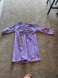 knee length dress with ruffle and bow, rip + sequin patch long sleeve