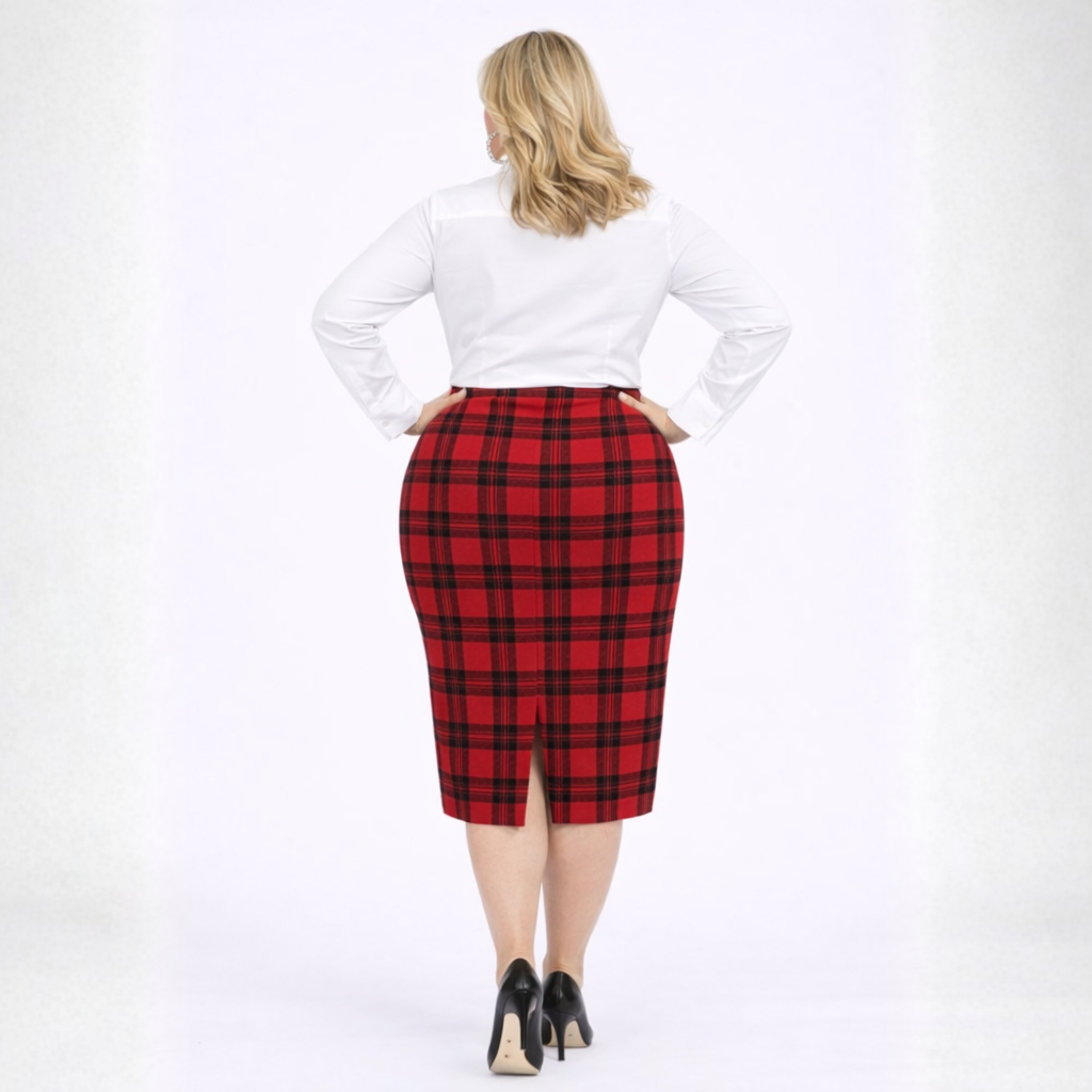 Red Tartan Elastic Waist Pencil Skirt with Rear Kick Pleat