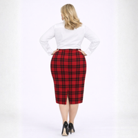 Red Tartan Elastic Waist Pencil Skirt with Rear Kick Pleat