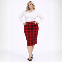 Red Tartan Elastic Waist Pencil Skirt with Rear Kick Pleat
