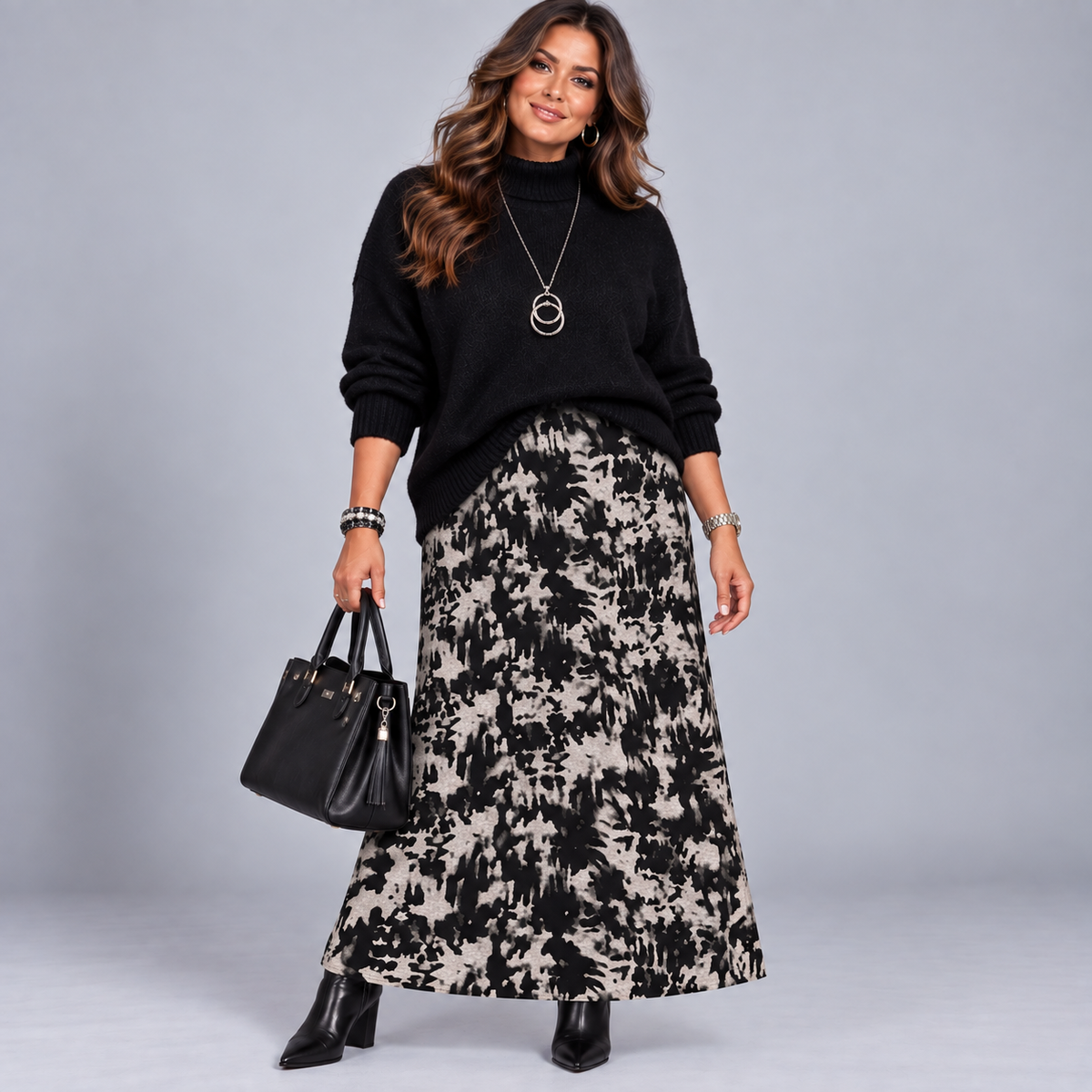 Black Tie Dye Effect Elastic Waist Maxi Skirt