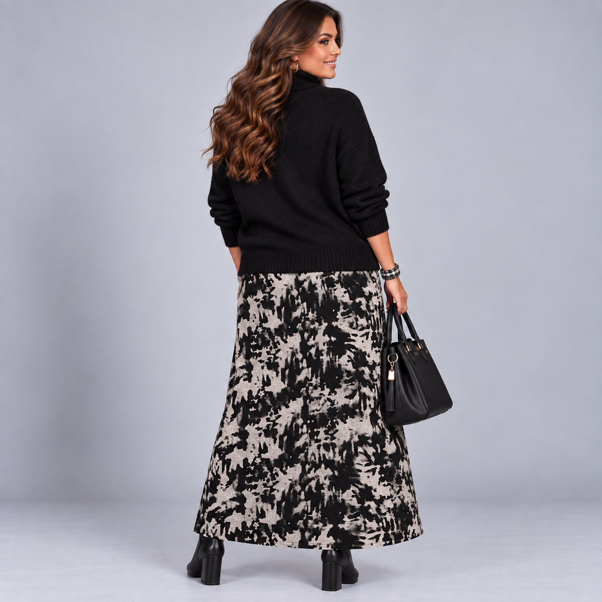 Black Tie Dye Effect Elastic Waist Maxi Skirt
