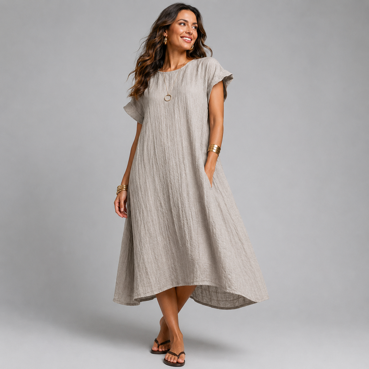 Textured Lightweight Cap Sleeve Midi Dress with Pockets
