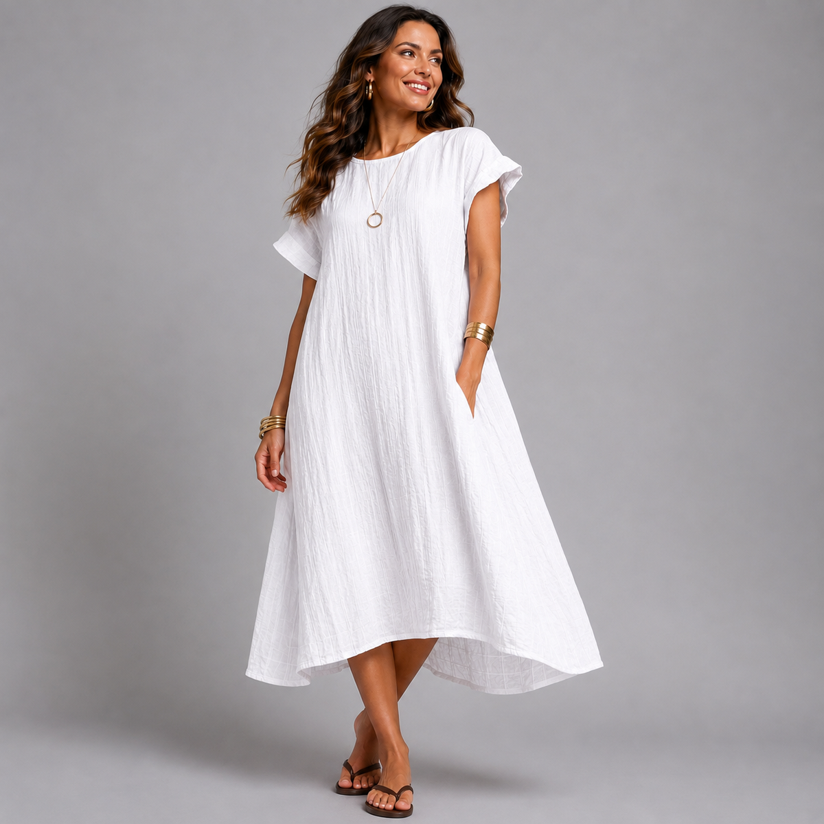 Textured Lightweight Cap Sleeve Midi Dress with Pockets