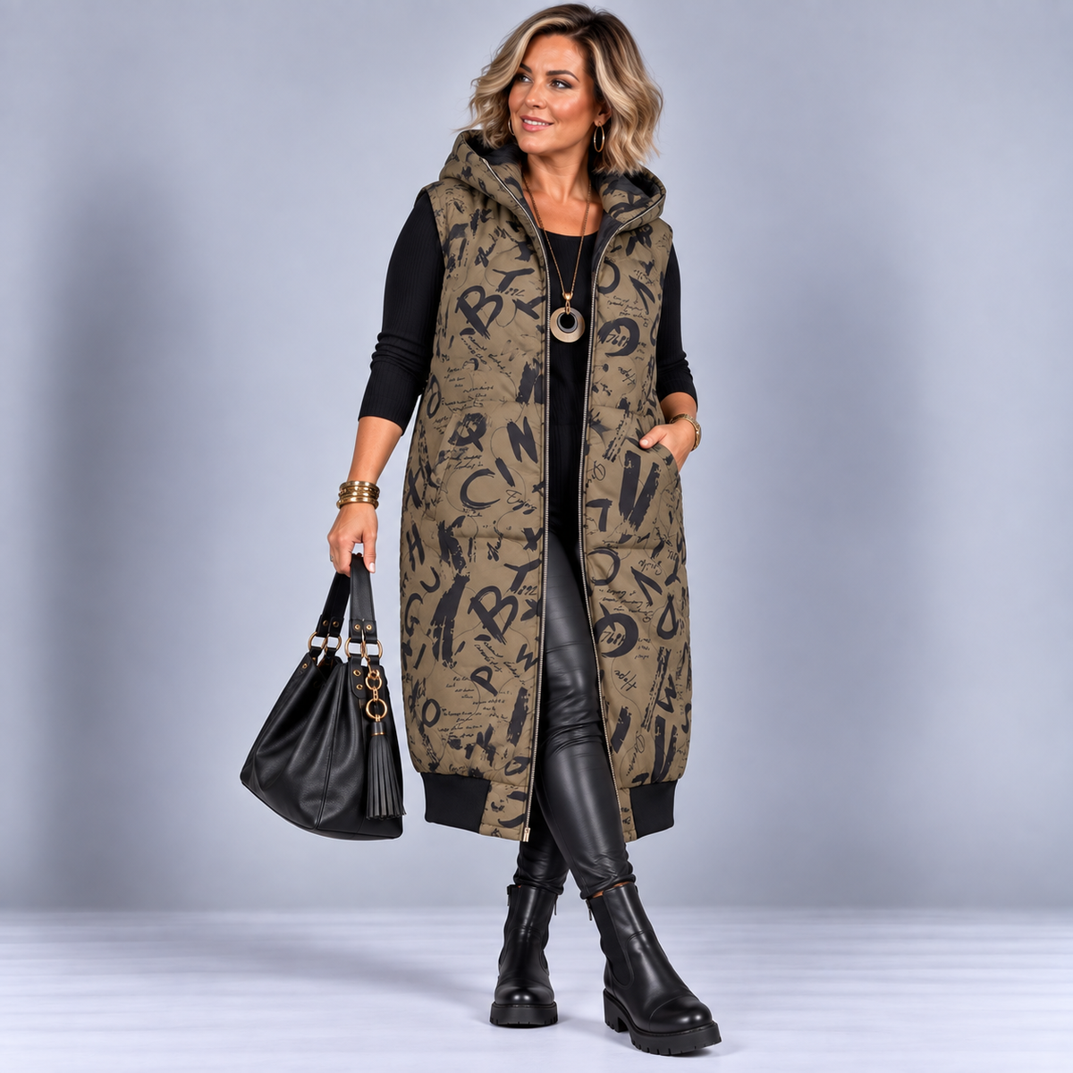 Khaki Abstract Print Long Zip-Up Hooded Gilet