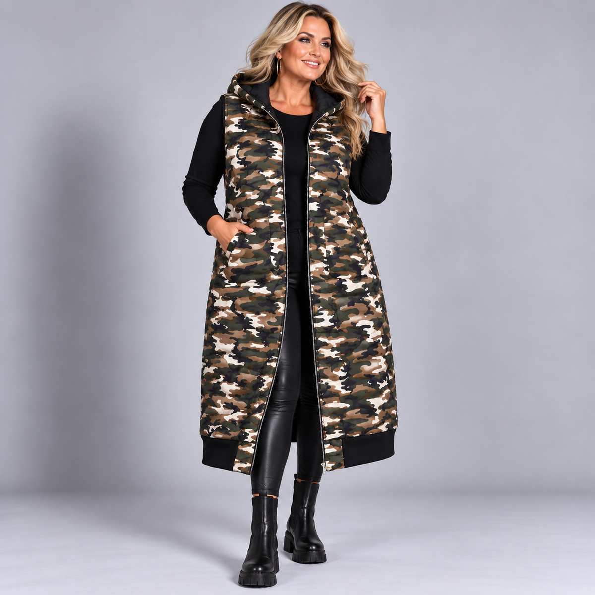Camo Print Long Zip-Up Hooded Gilet