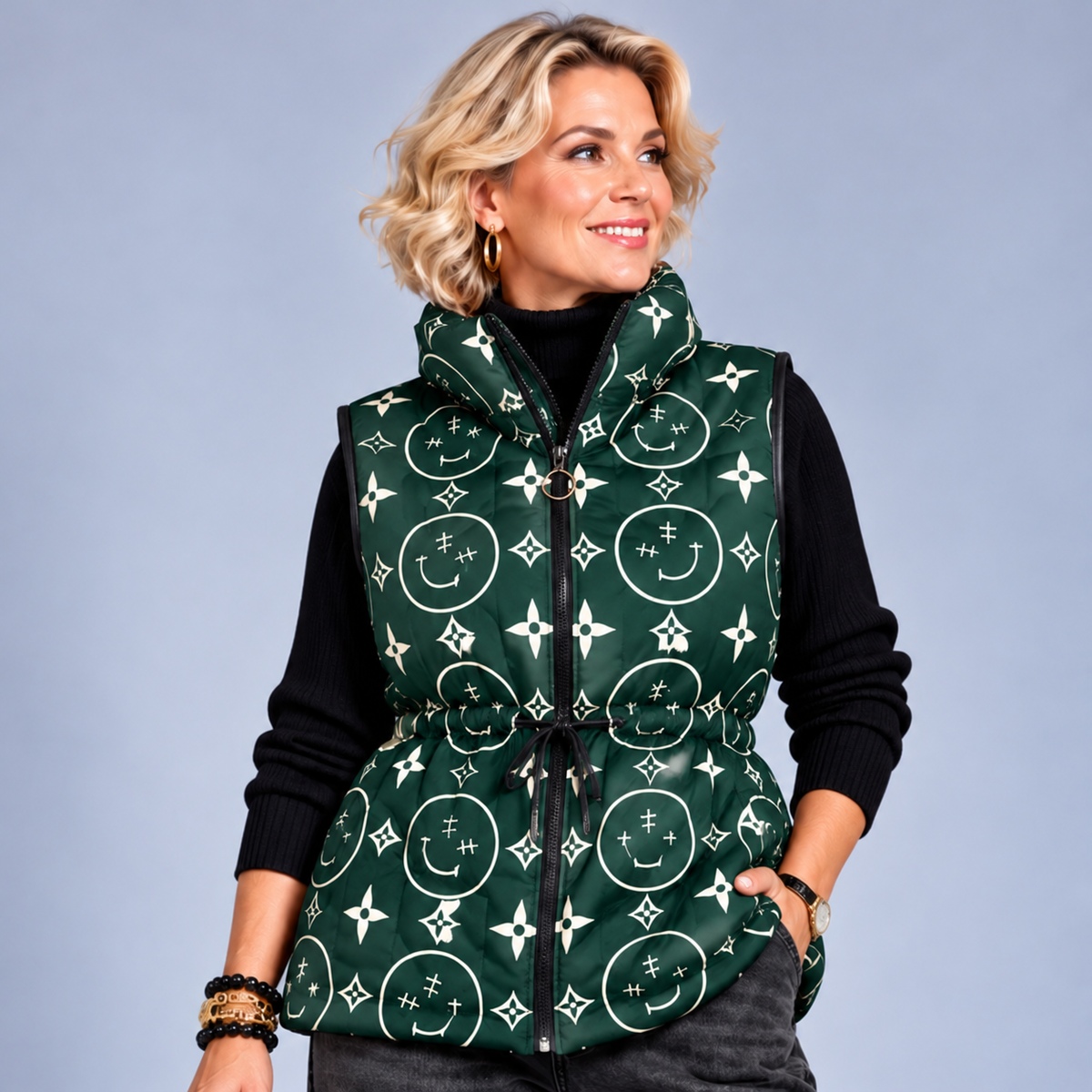 Abstract Print Quilted Gilet with Drawstring waist