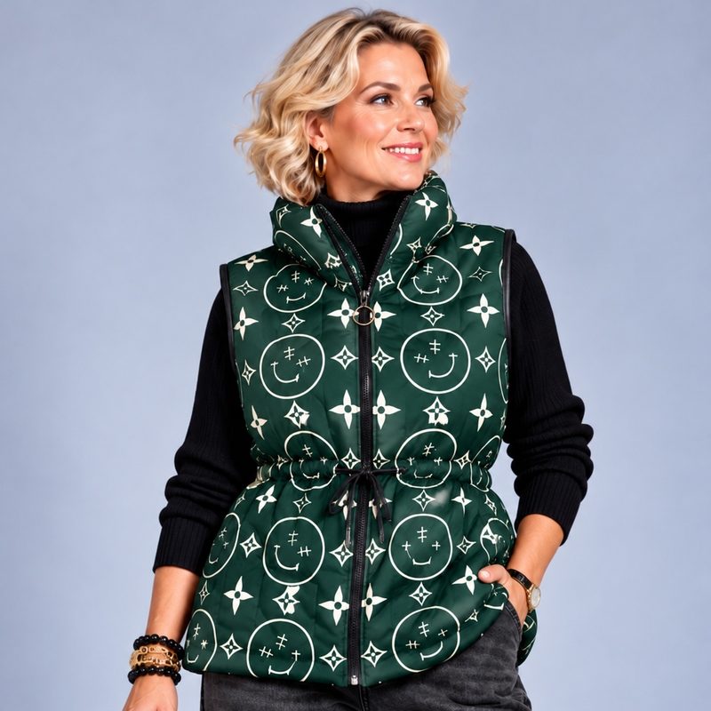 Abstract Print Quilted Gilet with Drawstring waist