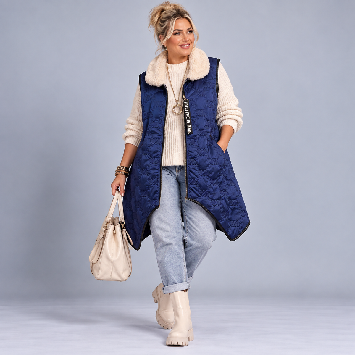 Embossed Sleeveless Long Gilet with Furry Collar