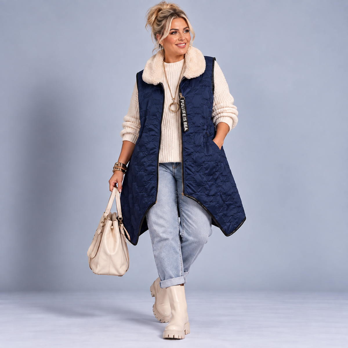 Embossed Sleeveless Long Gilet with Furry Collar