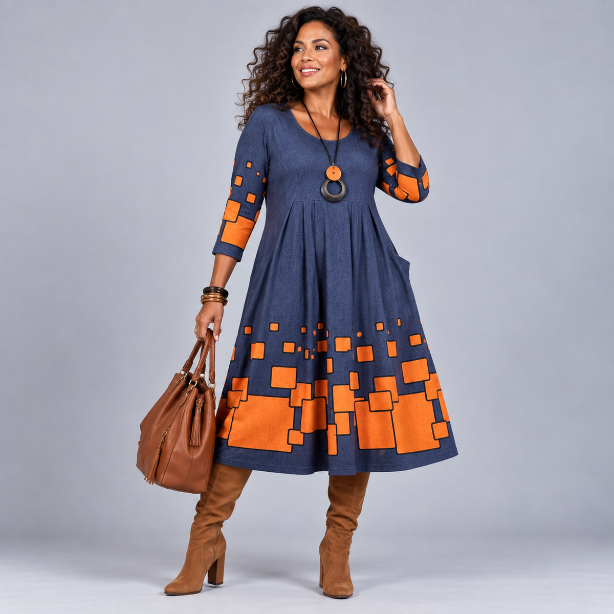 Blue & Orange Geo Pattern Jersey Midi Dress with Pockets
