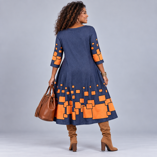 Blue & Orange Geo Pattern Jersey Midi Dress with Pockets