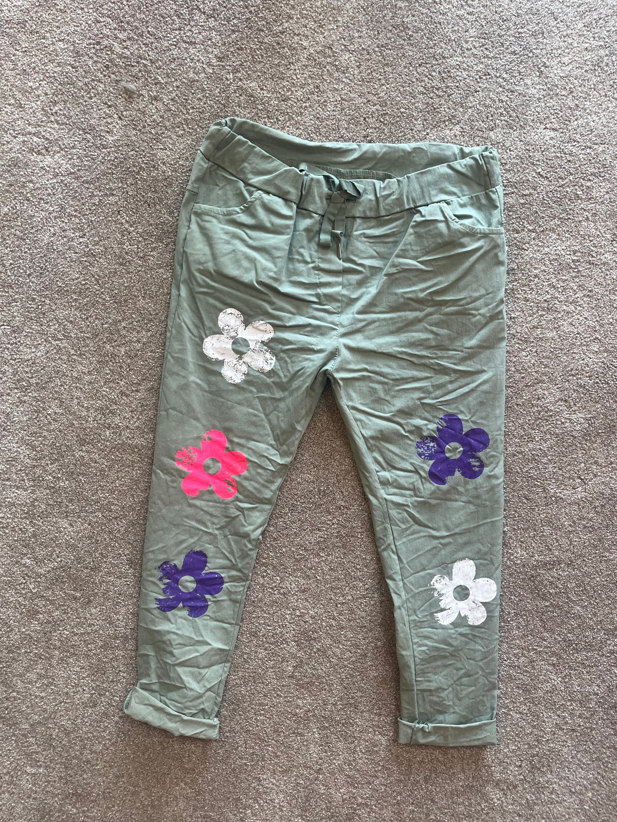 flower pattern pants orange, white, grey, stone, black, sage