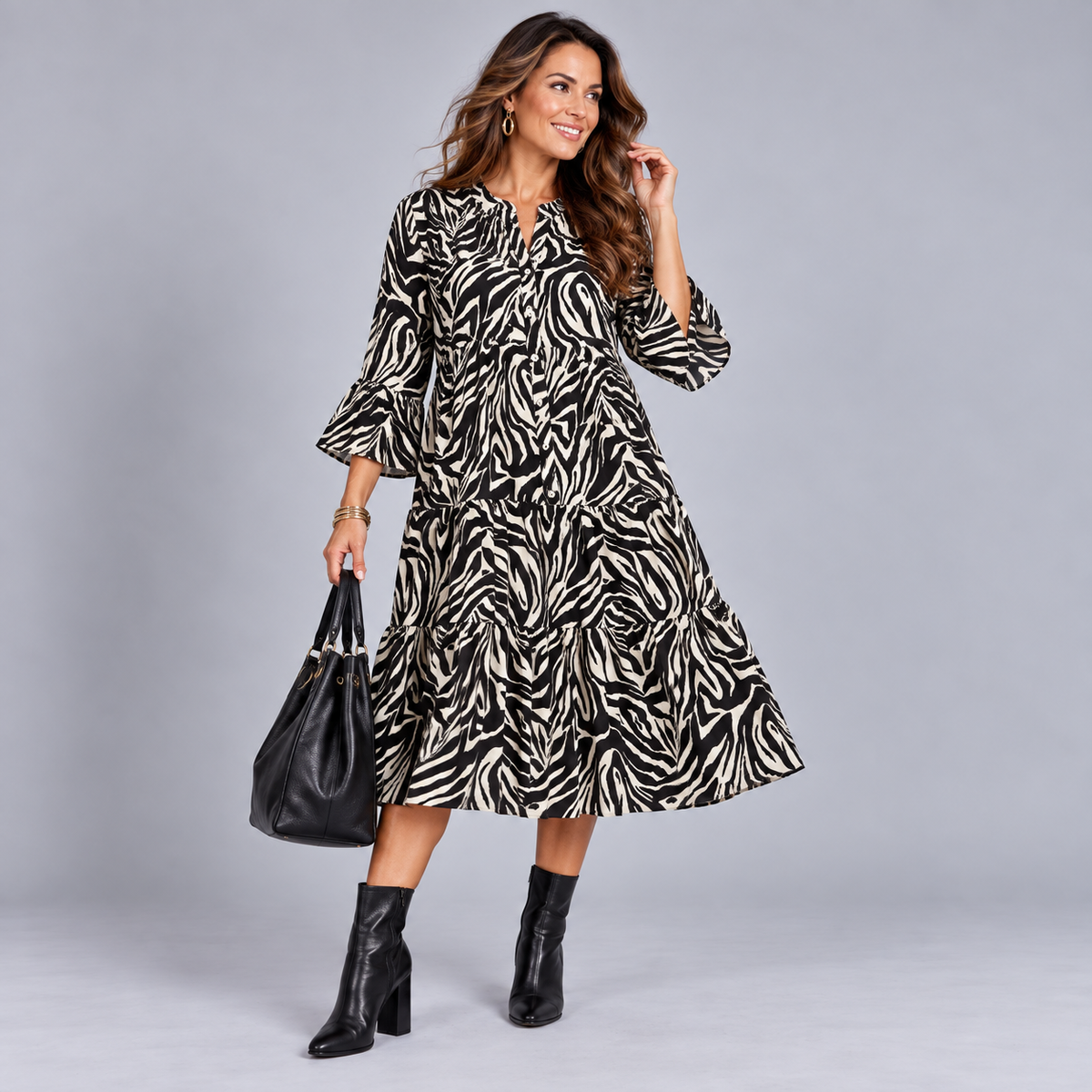 Frill Sleeve V-Neck Zebra Print Midi Dress