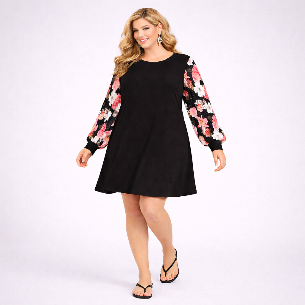 Floral Pleated Sleeve A-Line Dress