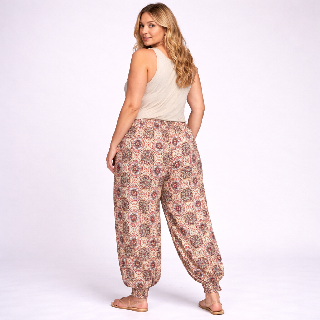 Woman wearing patterned pants and a beige top on a white background