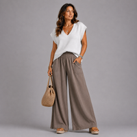 Wide Leg Palazzo Trousers with Elastic Smocked Waist & Pockets