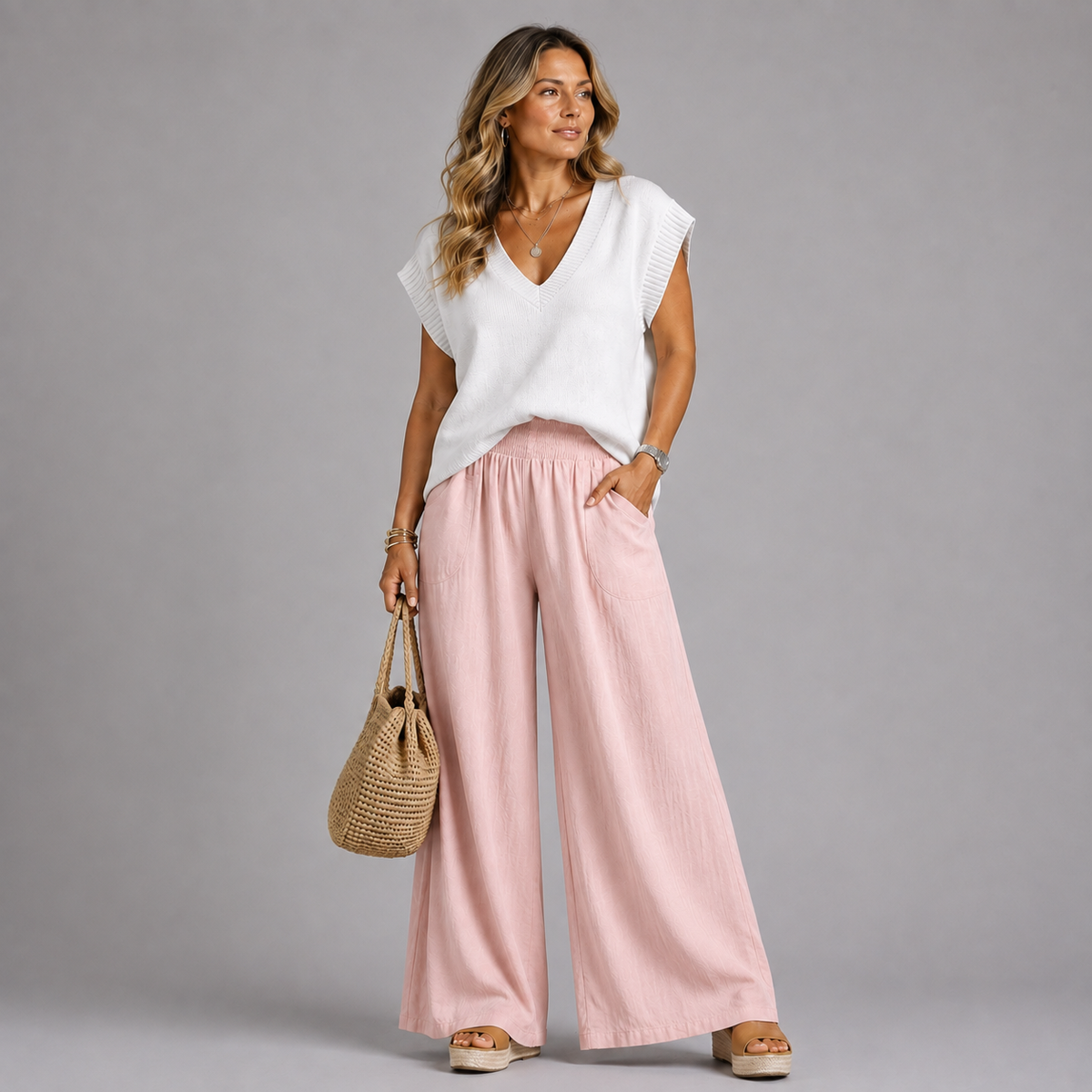 Wide Leg Palazzo Trousers with Elastic Smocked Waist & Pockets