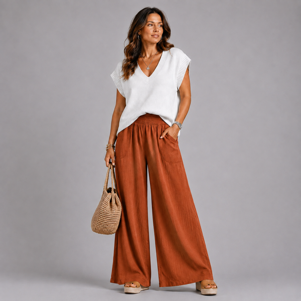 Wide Leg Palazzo Trousers with Elastic Smocked Waist & Pockets