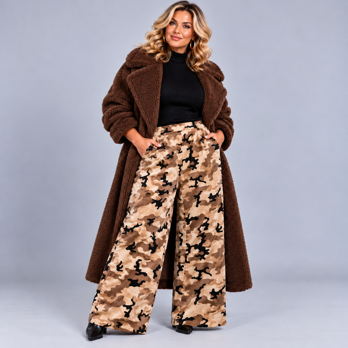 Wide Leg Camo Print Elastic Waist Cord Trousers