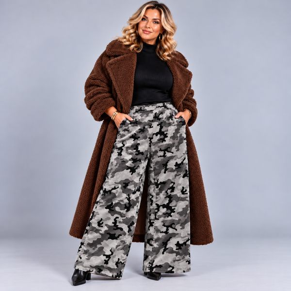 Wide Leg Camo Print Elastic Waist Cord Trousers