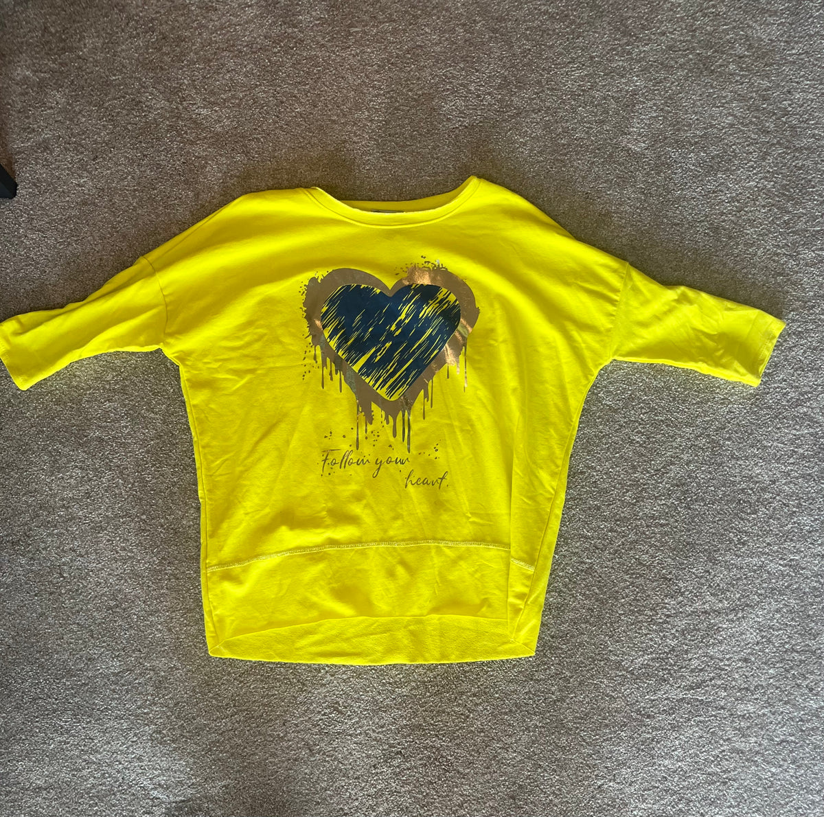 Yellow top with blue/silver heart print