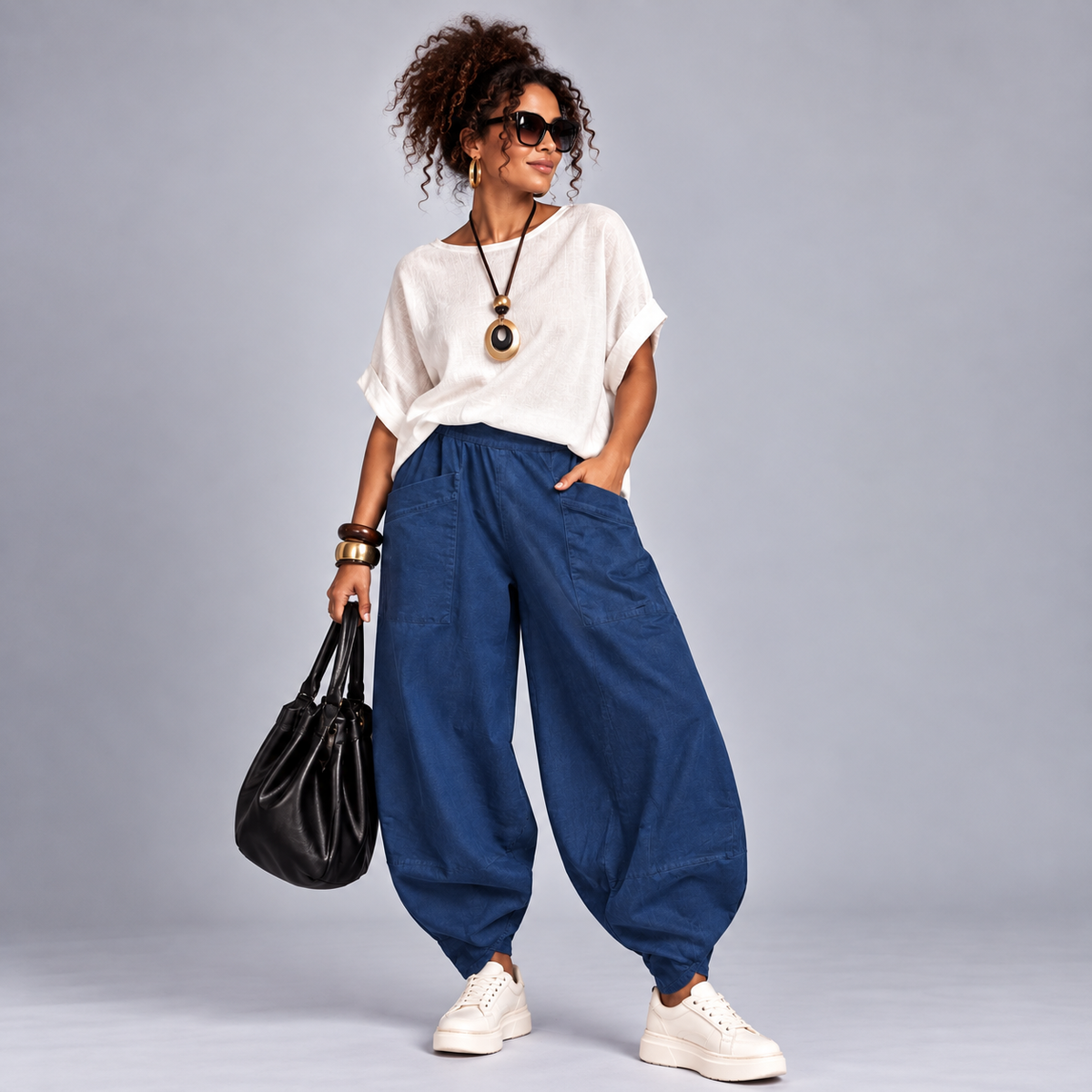 Blue Stretch Denim Elasticated Waist Balloon Leg Jeans