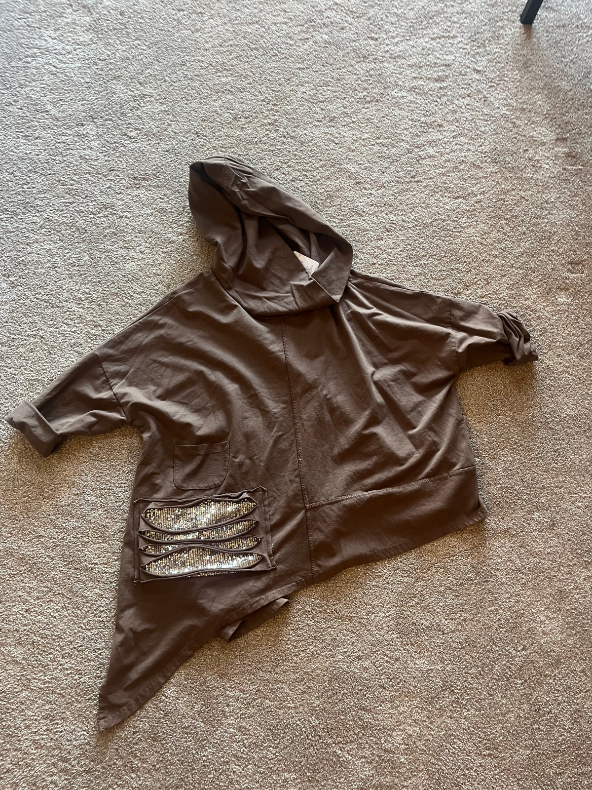 Oversized hoodie/poncho dipped hem (side) sequins + rips